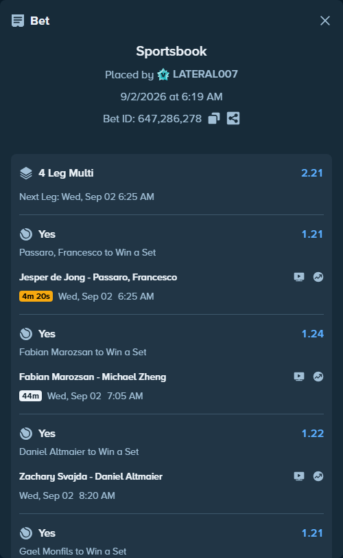 Bet slip: Jesper de Jong - Passaro, Francesco, $10,000.00 stake at 1.21 odds, placed by LATERAL007