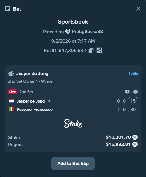 Bet slip: Jesper de Jong - Passaro, Francesco, $10,248.35 stake at 1.65 odds, placed by Prettylfacko98