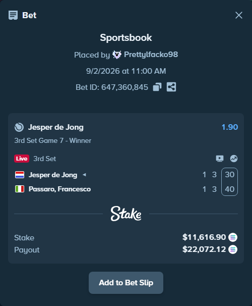 Bet slip: Jesper de Jong - Passaro, Francesco, $11,603.98 stake at 1.90 odds, placed by Prettylfacko98