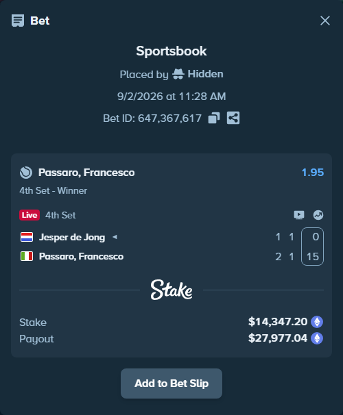 Bet slip: Jesper de Jong - Passaro, Francesco, $14,376.48 stake at 1.95 odds, placed by Hidden