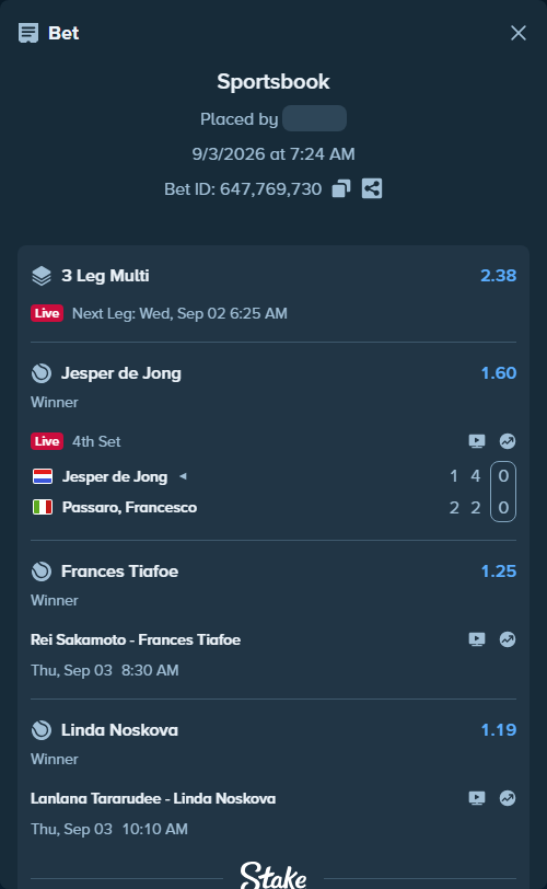 Bet slip: Jesper de Jong - Passaro, Francesco, $16,499.00 stake at 1.60 odds, placed by haroldfinchh