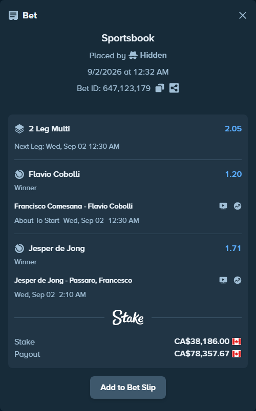 Bet slip: Jesper de Jong - Passaro, Francesco, $28,257.64 stake at 1.71 odds, placed by Hidden