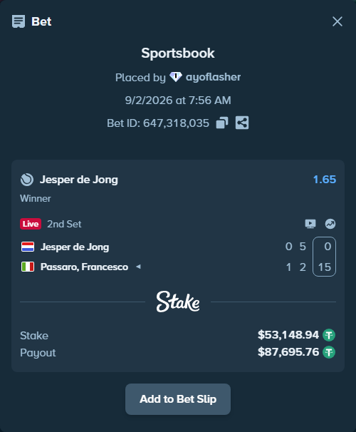 Bet slip: Jesper de Jong - Passaro, Francesco, $53,148.94 stake at 1.65 odds, placed by ayoflasher