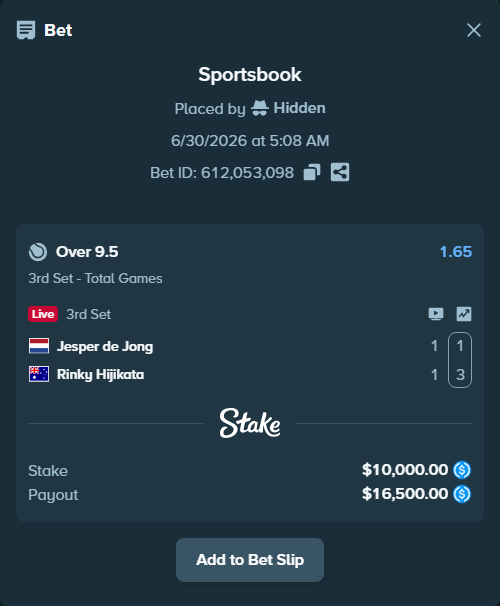 Bet slip: Jesper de Jong - Rinky Hijikata, $10,000.00 stake at 1.65 odds, placed by Hidden