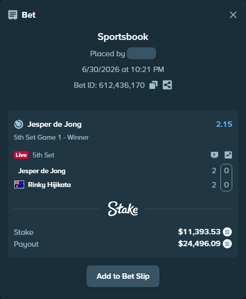 Bet slip: Jesper de Jong - Rinky Hijikata, $12,916.51 stake at 2.15 odds, placed by Prettylfacko98