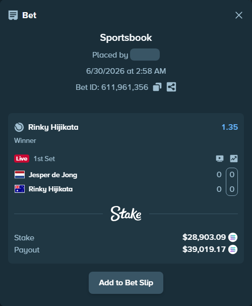 Bet slip: Jesper de Jong - Rinky Hijikata, $31,959.48 stake at 1.35 odds, placed by Mashko21