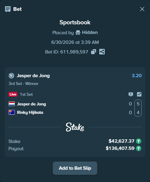 Bet slip: Jesper de Jong - Rinky Hijikata, $42,670.00 stake at 3.20 odds, placed by Hidden
