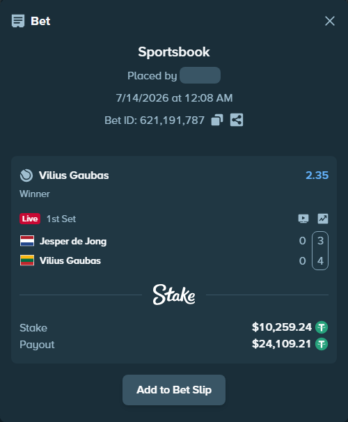 Bet slip: Jesper de Jong - Vilius Gaubas, $10,269.50 stake at 2.35 odds, placed by antoniku
