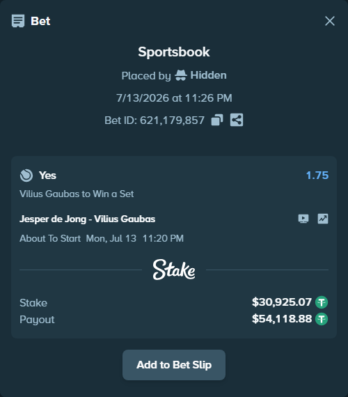 Bet slip: Jesper de Jong - Vilius Gaubas, $30,956.00 stake at 1.75 odds, placed by Hidden