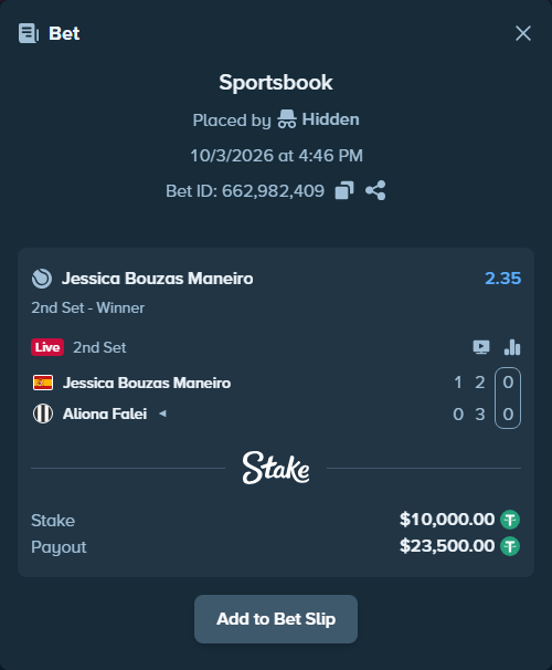 Bet slip: Jessica Bouzas Maneiro - Aliona Falei, $10,000.00 stake at 2.35 odds, placed by Hidden