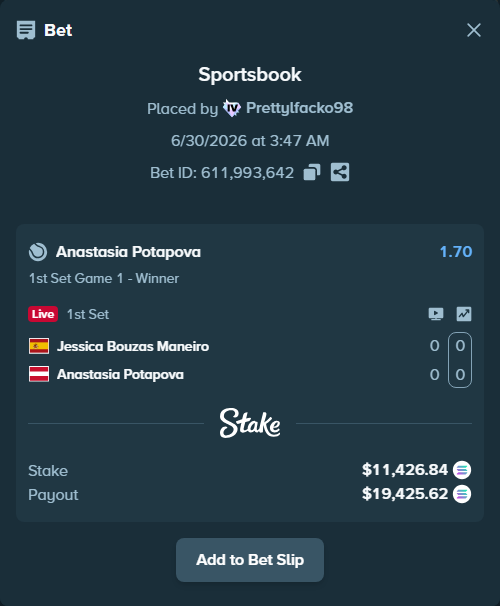 Bet slip: Jessica Bouzas Maneiro - Anastasia Potapova, $12,540.82 stake at 1.70 odds, placed by Prettylfacko98