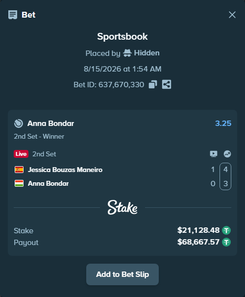 Bet slip: Jessica Bouzas Maneiro - Anna Bondar, $21,149.61 stake at 3.25 odds, placed by Hidden