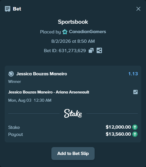 Bet slip: Jessica Bouzas Maneiro - Ariana Arseneault, $12,012.00 stake at 1.13 odds, placed by CanadianGamers