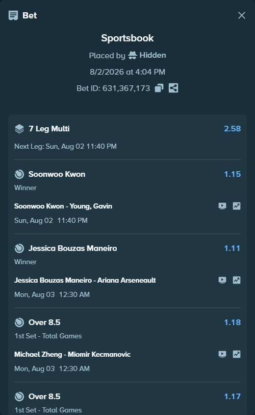 Bet slip: Jessica Bouzas Maneiro - Ariana Arseneault, $125,125.00 stake at 1.11 odds, placed by Hidden