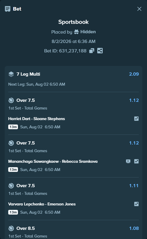 Bet slip: Jessica Bouzas Maneiro - Ariana Arseneault, $75,075.00 stake at 1.13 odds, placed by Hidden