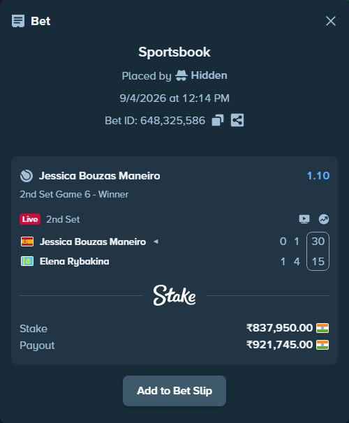 Bet slip: Jessica Bouzas Maneiro - Elena Rybakina, $10,055.40 stake at 1.10 odds, placed by Hidden