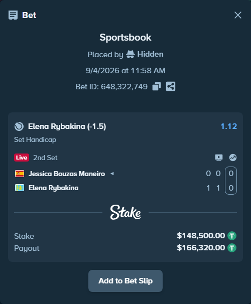 Bet slip: Jessica Bouzas Maneiro - Elena Rybakina, $148,500.00 stake at 1.12 odds, placed by Hidden