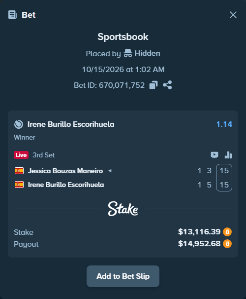 Bet slip: Jessica Bouzas Maneiro - Irene Burillo Escorihuela, $13,079.38 stake at 1.14 odds, placed by Hidden