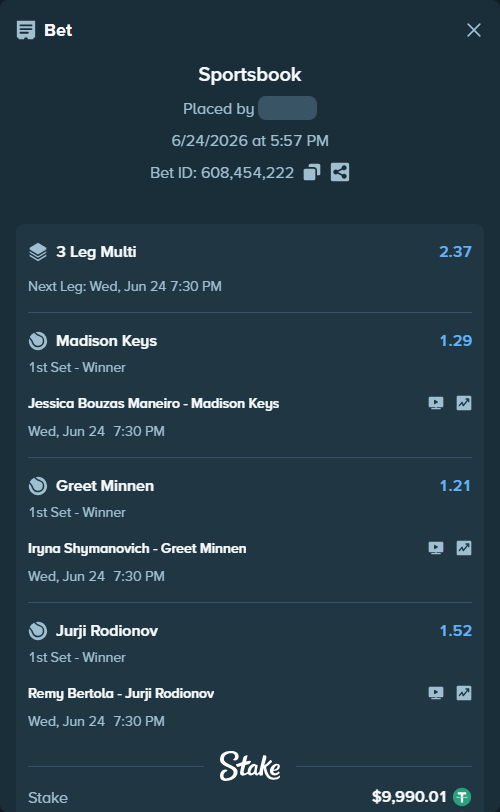 Bet slip: Jessica Bouzas Maneiro - Madison Keys, $10,000.00 stake at 1.29 odds, placed by Yarmola999