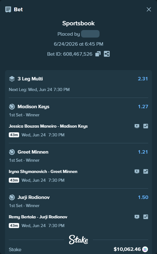 Bet slip: Jessica Bouzas Maneiro - Madison Keys, $10,627.05 stake at 1.27 odds, placed by Pierob76