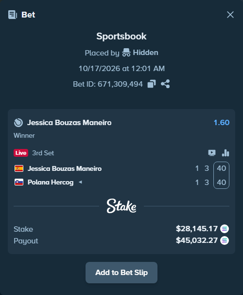 Bet slip: Jessica Bouzas Maneiro - Polana Hercog, $28,401.13 stake at 1.60 odds, placed by Prettylfacko98