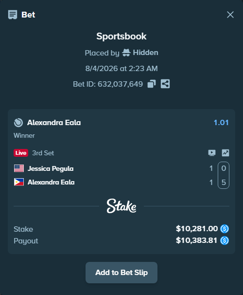 Bet slip: Jessica Pegula - Alexandra Eala, $10,281.00 stake at 1.01 odds, placed by Hidden