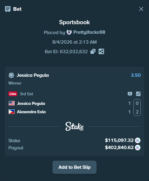 Bet slip: Jessica Pegula - Alexandra Eala, $113,752.07 stake at 3.50 odds, placed by Prettylfacko98