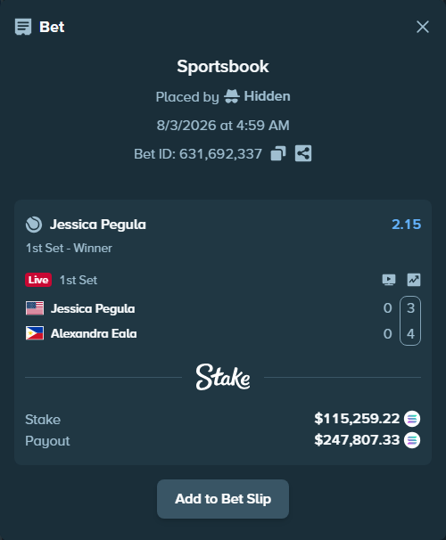Bet slip: Jessica Pegula - Alexandra Eala, $113,912.08 stake at 2.15 odds, placed by Prettylfacko98