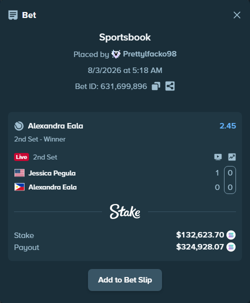 Bet slip: Jessica Pegula - Alexandra Eala, $130,977.22 stake at 2.45 odds, placed by Prettylfacko98