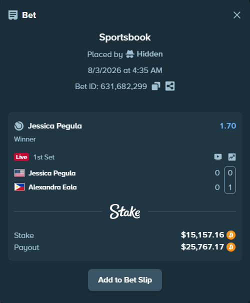 Bet slip: Jessica Pegula - Alexandra Eala, $15,394.76 stake at 1.70 odds, placed by Hidden