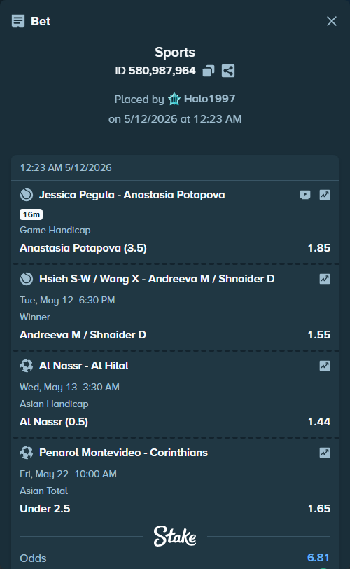 Bet slip: Jessica Pegula - Anastasia Potapova, $10,000.00 stake at 1.85 odds, placed by Halo1997