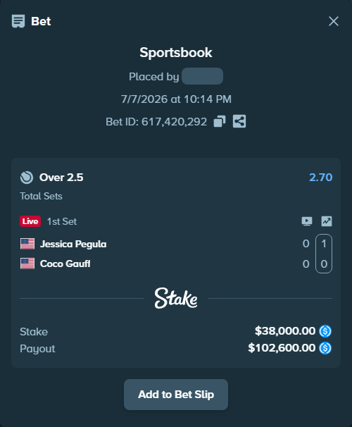 Bet slip: Jessica Pegula - Coco Gauff, $38,000.00 stake at 2.70 odds, placed by OlegStake27