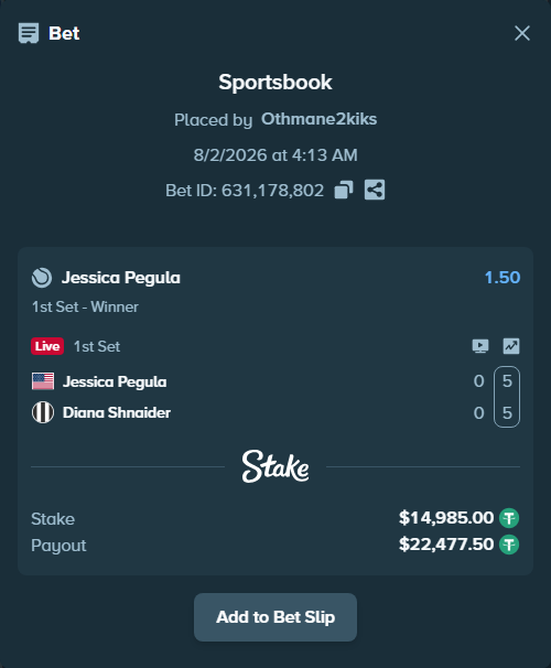 Bet slip: Jessica Pegula - Diana Shnaider, $14,999.98 stake at 1.50 odds, placed by Othmane2kiks