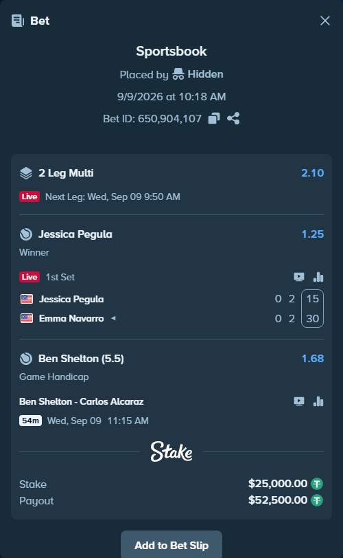 Bet slip: Jessica Pegula - Emma Navarro, $25,000.00 stake at 1.25 odds, placed by Hidden