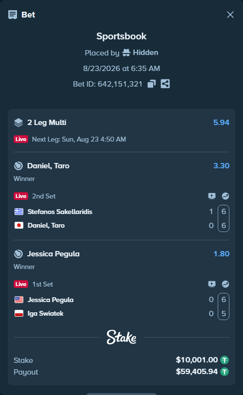 Bet slip: Jessica Pegula - Iga Swiatek, $10,000.00 stake at 1.80 odds, placed by Hidden