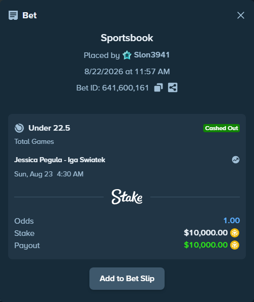 Bet slip: Jessica Pegula - Iga Swiatek, $10,377.05 stake at 1.60 odds, placed by Slon3941