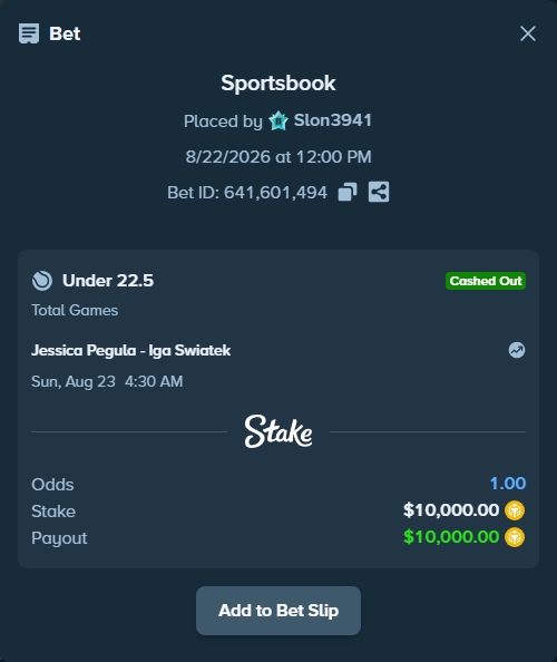 Bet slip: Jessica Pegula - Iga Swiatek, $10,377.05 stake at 1.60 odds, placed by Slon3941