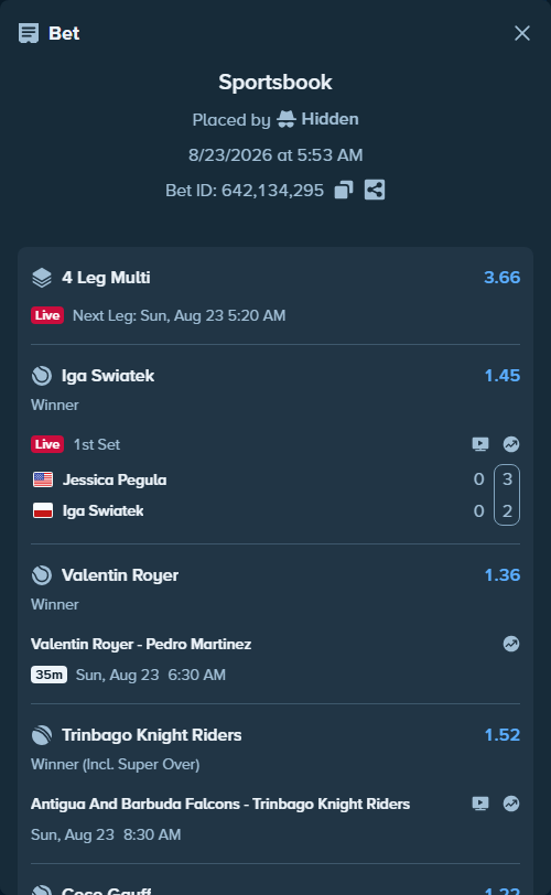 Bet slip: Jessica Pegula - Iga Swiatek, $11,467.00 stake at 1.45 odds, placed by Hidden