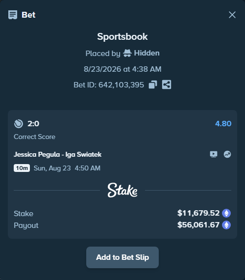 Bet slip: Jessica Pegula - Iga Swiatek, $11,655.03 stake at 4.80 odds, placed by Hidden