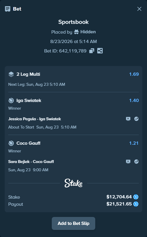 Bet slip: Jessica Pegula - Iga Swiatek, $12,704.64 stake at 1.40 odds, placed by Hidden