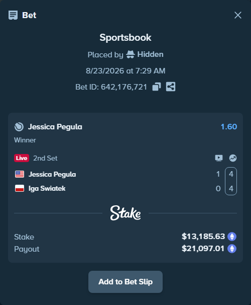 Bet slip: Jessica Pegula - Iga Swiatek, $13,177.07 stake at 1.60 odds, placed by Hidden