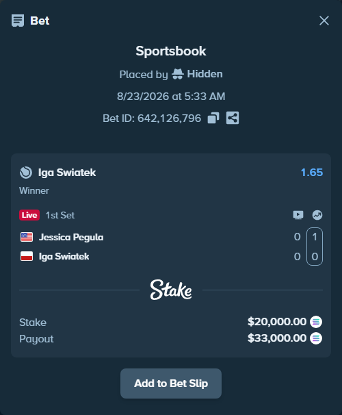Bet slip: Jessica Pegula - Iga Swiatek, $20,036.49 stake at 1.65 odds, placed by Hidden