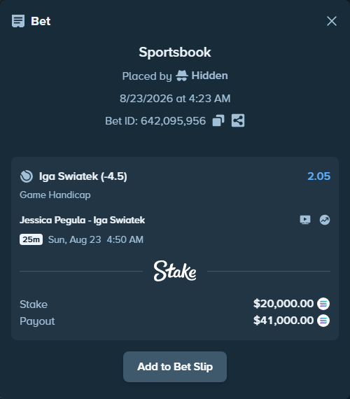Bet slip: Jessica Pegula - Iga Swiatek, $20,114.44 stake at 2.05 odds, placed by Hidden