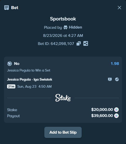 Bet slip: Jessica Pegula - Iga Swiatek, $20,025.31 stake at 1.98 odds, placed by Hidden
