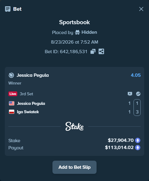 Bet slip: Jessica Pegula - Iga Swiatek, $28,063.39 stake at 4.05 odds, placed by Hidden