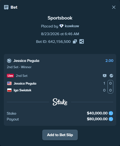 Bet slip: Jessica Pegula - Iga Swiatek, $40,000.00 stake at 2.00 odds, placed by kuwkuw