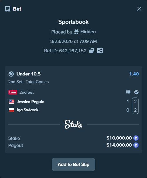 Bet slip: Jessica Pegula - Iga Swiatek, $9,981.44 stake at 1.40 odds, placed by Hidden
