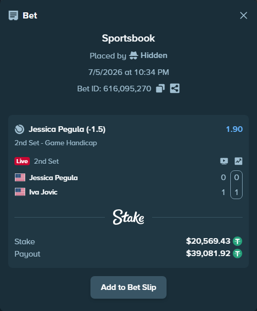 Bet slip: Jessica Pegula - Iva Jovic, $20,590.00 stake at 1.90 odds, placed by Hidden