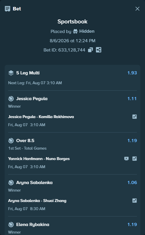 Bet slip: Jessica Pegula - Kamilla Rakhimova, $113,656.80 stake at 1.11 odds, placed by Hidden