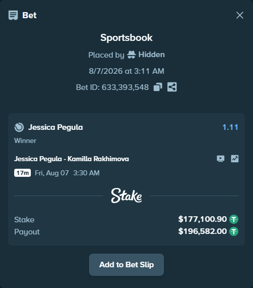 Bet slip: Jessica Pegula - Kamilla Rakhimova, $177,278.00 stake at 1.11 odds, placed by Hidden